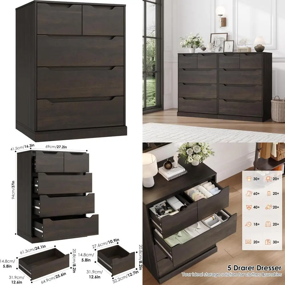modern 5 drawer dresser for bedroom, chest of drawers with storage, wood storage chest organizers with cut-out handles, accent