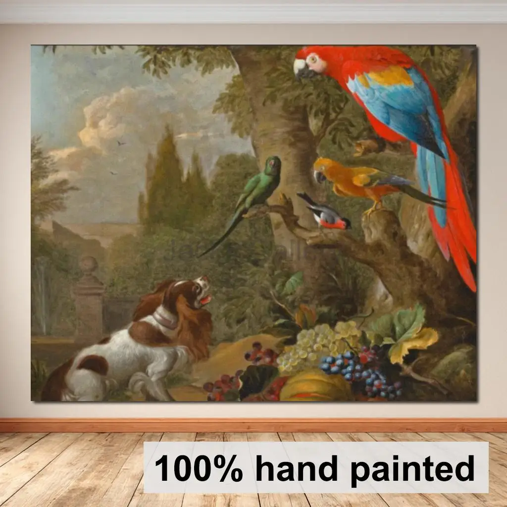 Handgemalte Klassische Tiermalerei Realistische Natursektion mit Obst Papageien Kakadus Spaniel Jakob Bogdany Landschaftskunst Wohndekoration