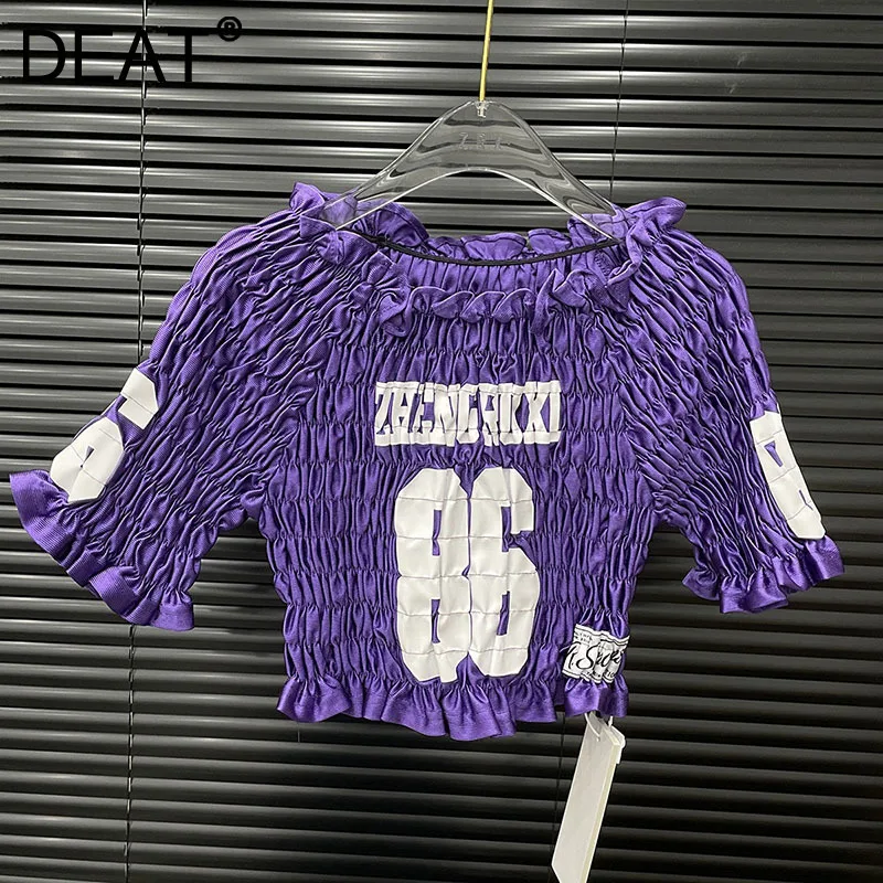 DEAT أزياء المرأة مطوي تي شيرت مطاطي الإناث المتخصصة تصميم إلكتروني طباعة التباين اللون قصيرة الأكمام أعلى الإناث 11A05035