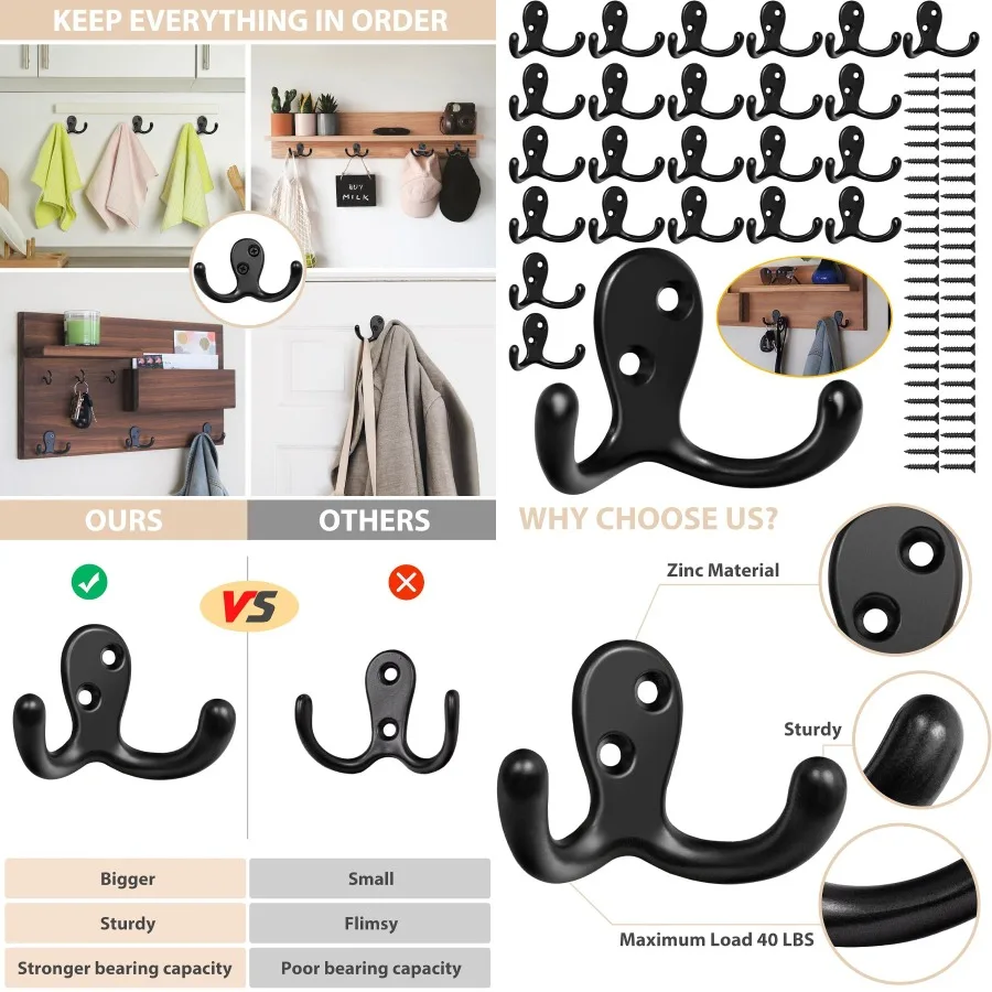 

24 Pack Heavy Duty Double Prong Coat Hooks Wall Mounted with 48 Screws for Home Entryway Bathroom Bedroom Kitchen and Office No