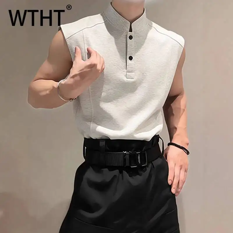 

WTHT Trendy 2026 Summer Men's Solid Color Patchwork Loose Vest Fashion Stand Collar Sleeveless Waistcoats Male 2A2858