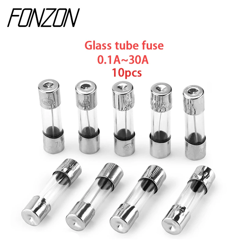 Fusibles de tube en verre à soufflage rapide, 0,1 A, 0,3 A, 0,5 A, 1A, 1,5 A, 3A, 4A, 5A, Snap8A, 10A, 15A, 20A, 25A, 30A, 250V, 5x20mm, 6x30m, 10 pièces