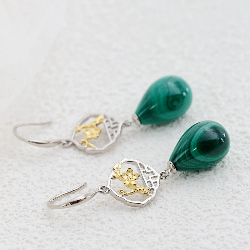 

Chinese-Inspired 925 Sterling Silver Earrings Inlaid Teardrop-shaped Natural Malachite Stone Earing Traditional Elegance Jewelry