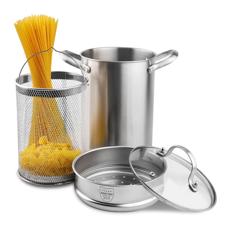 

4 Pcs Stainless Steel Pasta Cooker Steamer Deep Fryer Pot 4 L Soup Pot With Steam Grid Fry Basket for Pasta Asparagus Cookware