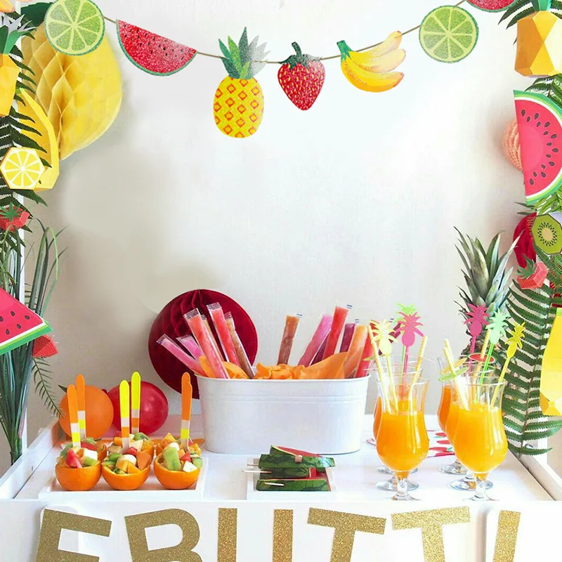 1set Fresh Summer Glitter Fruit Theme Party Banner For Pineapple Watermelon Bunting for Birthday Hawaii Luau Tiki Party Decor