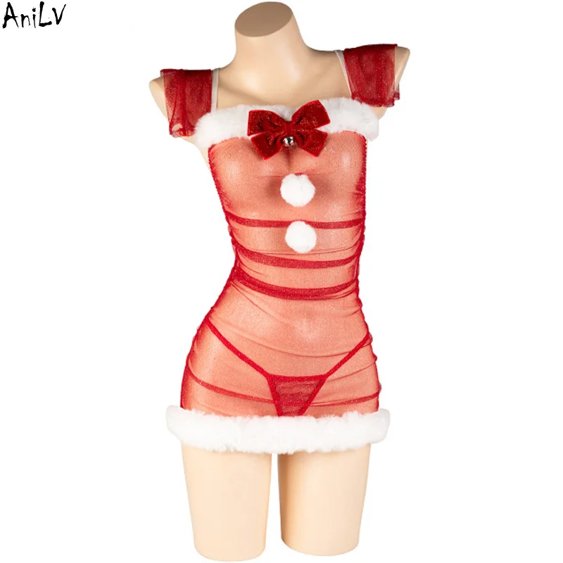 

AniLV блестящее сетчатое платье с бантом и колокольчиком, рождественское сексуальное женское белье, наряд для влюбленных, рождественские пижамы, подарок, эротические костюмы, косплей