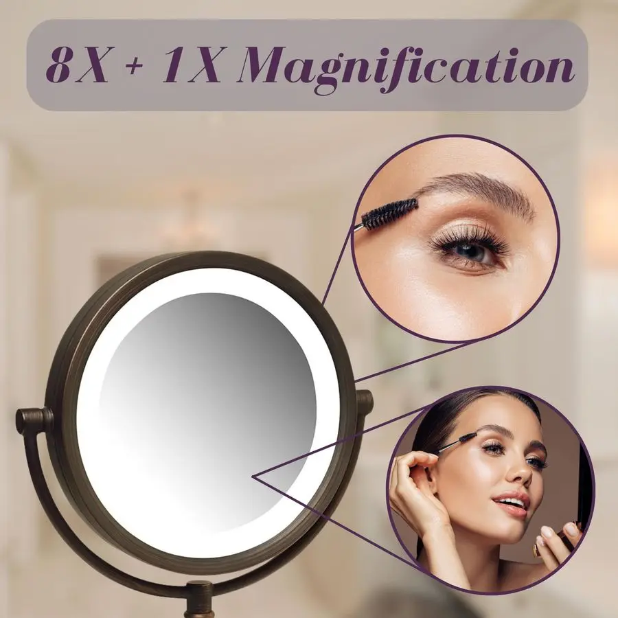 Miroir de maquillage éclairé avec grossissement 1X et 8X Miroir de maquillage en bronze modèle HL8808BZL