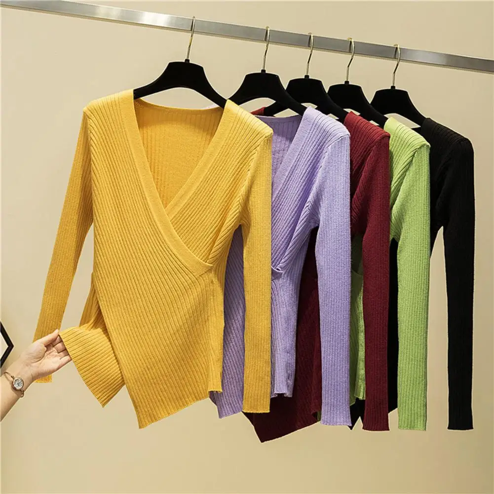 

Sexy V Neck Bottoming Sweater Korean Style Ribbed Women Sweater Pullover Autumn Winter Cross Wrap Sweater Jumper suéteres pulls