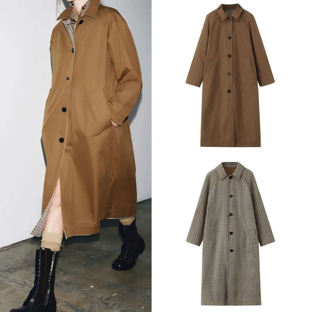 

Women's new fashion loose single breasted double-sided wear windbreaker Coat retro long sleeved pocket women's Coat chic top