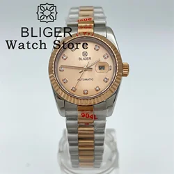 BLIGER 31mm Two Tone Rose Gold Mechanical Lady Watch NH05 Movement Curved Fluted Bezel Rose Gold/Pearl Shell Dial Sapphire Glass