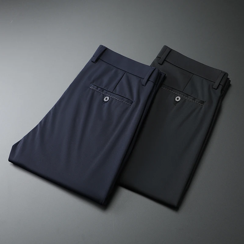 Pantalones casuales de negocios de seda de hielo para hombres, pantalones de traje finos de verano, pantalones elásticos para jóvenes, pantalones de negocios transpirables de oficina diaria