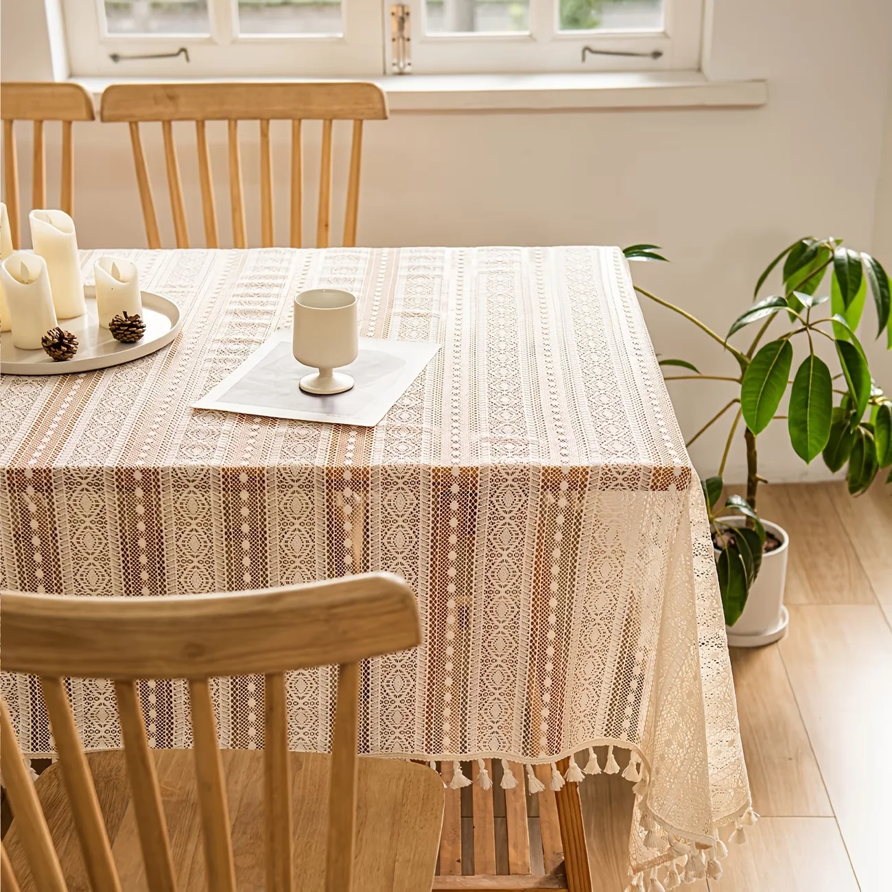 1PC Bohemian Beige Lace Embroidery Tablecloth, Rectangular Tassel Design, Ideal for Dining, Buffet, Wedding & Holiday Parties