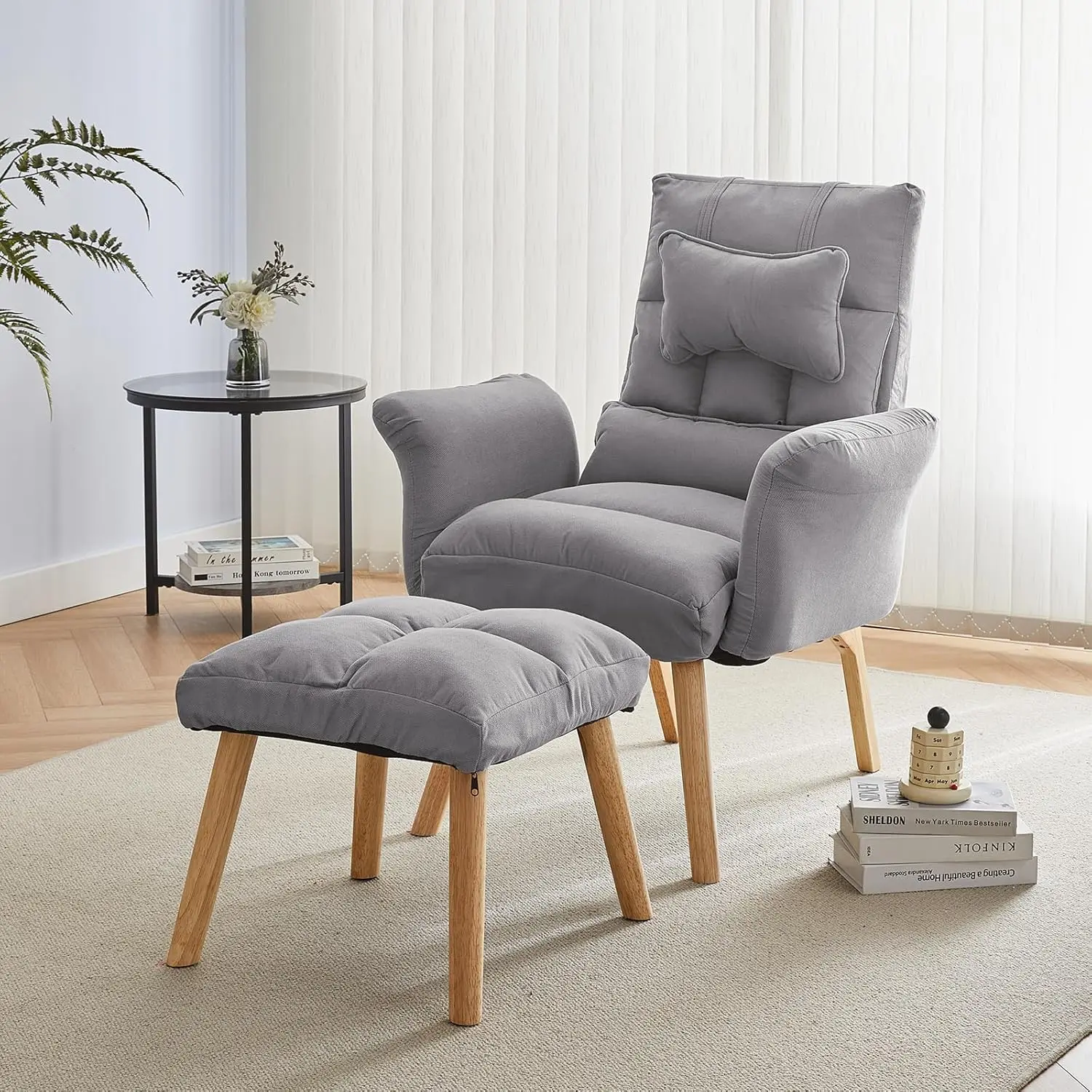 Lazy Chair with Ottoman, Modern Linen Fabric Accent Chair with Footstool, Leisure Sofa Armchair with 5 Angles Adjustable