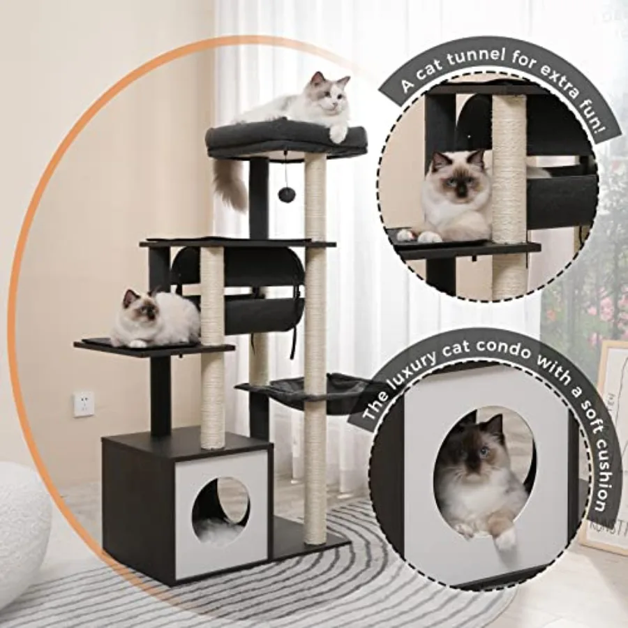 شجرة قطط حديثة مقاس 51.4 بوصة مع 6 مستويات هيكل خشبي وأعمدة خدش مغطاة بالسيزال بالكامل وشق مريح وجثم واسع S #4