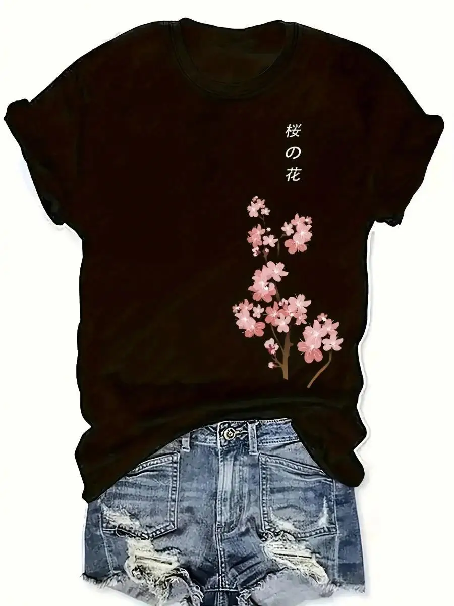 1PC,Plus Size Women s Cotton T-Shirt With Cherry Blossom Print And Japanese Text, Black Short Sleeve Top For Spring Fashion, Casual Streetwear St