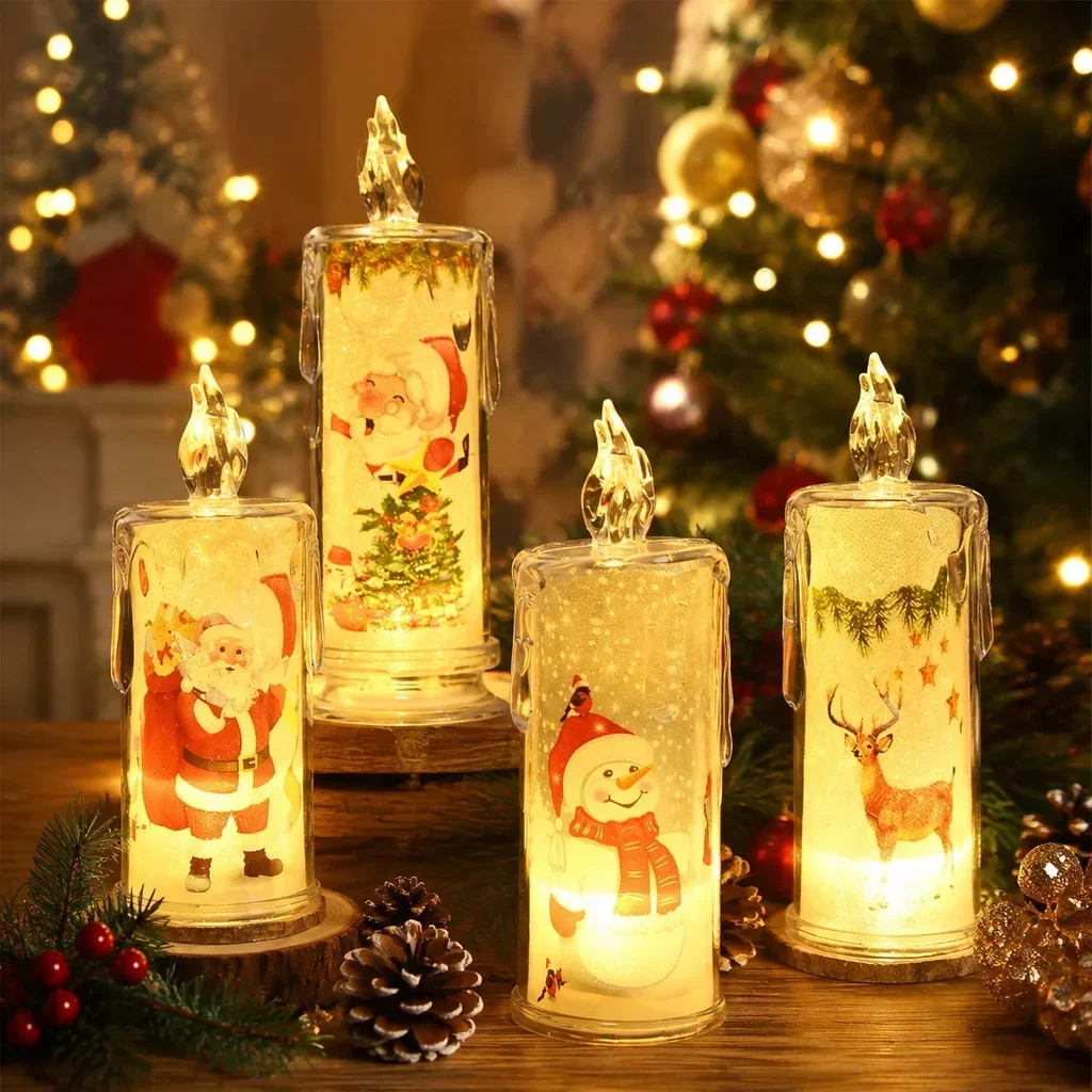 LED Electronic Christmas Candle Dripping Wax Simulation Flameless Candle with Santa Snowman for Xmas Home Table Ornament