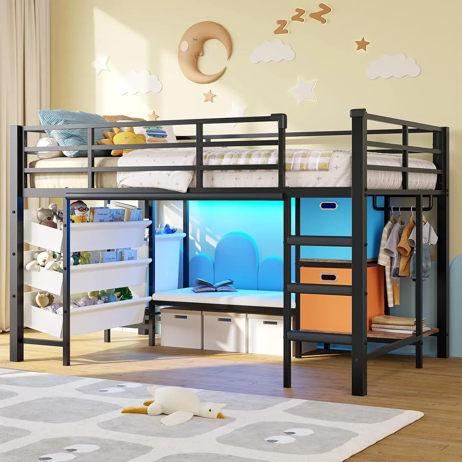 [Flash Sale!Free Shipping!]Low Loft Bed Twin Size with Reading Corner Metal LED Lights,Sling Drawers and Book