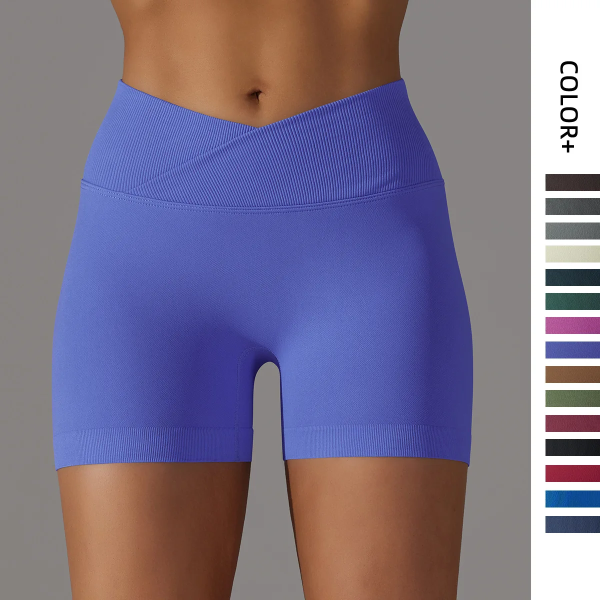 

Seamless Knit Breathable Solid Color Cross Waist Peach Hip Yoga Shorts Running Fitness Three-Quarter Pants for Women