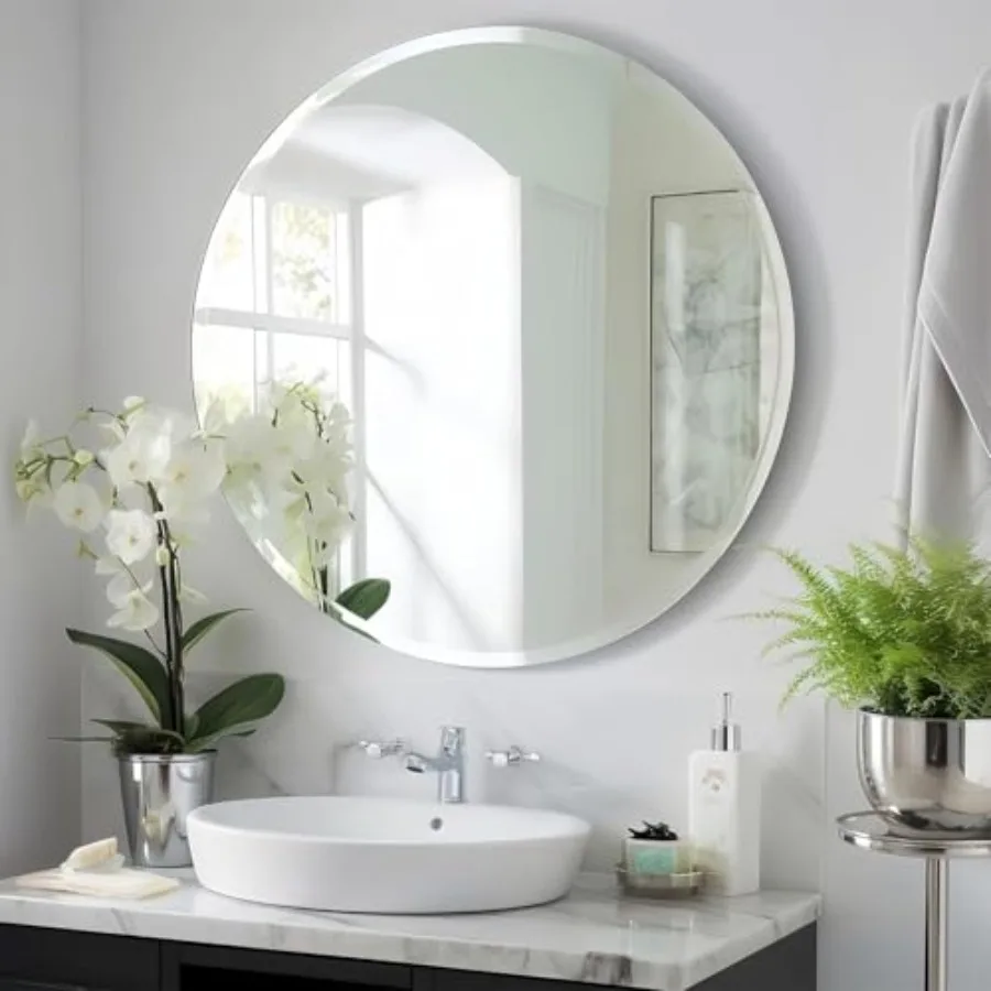 

Frameless Bathroom Mirror for Over Sink 24" x 24" Circle Mirror Beveled Edge Wall Mirror for Bathroom Vanity Entryway Bedroom