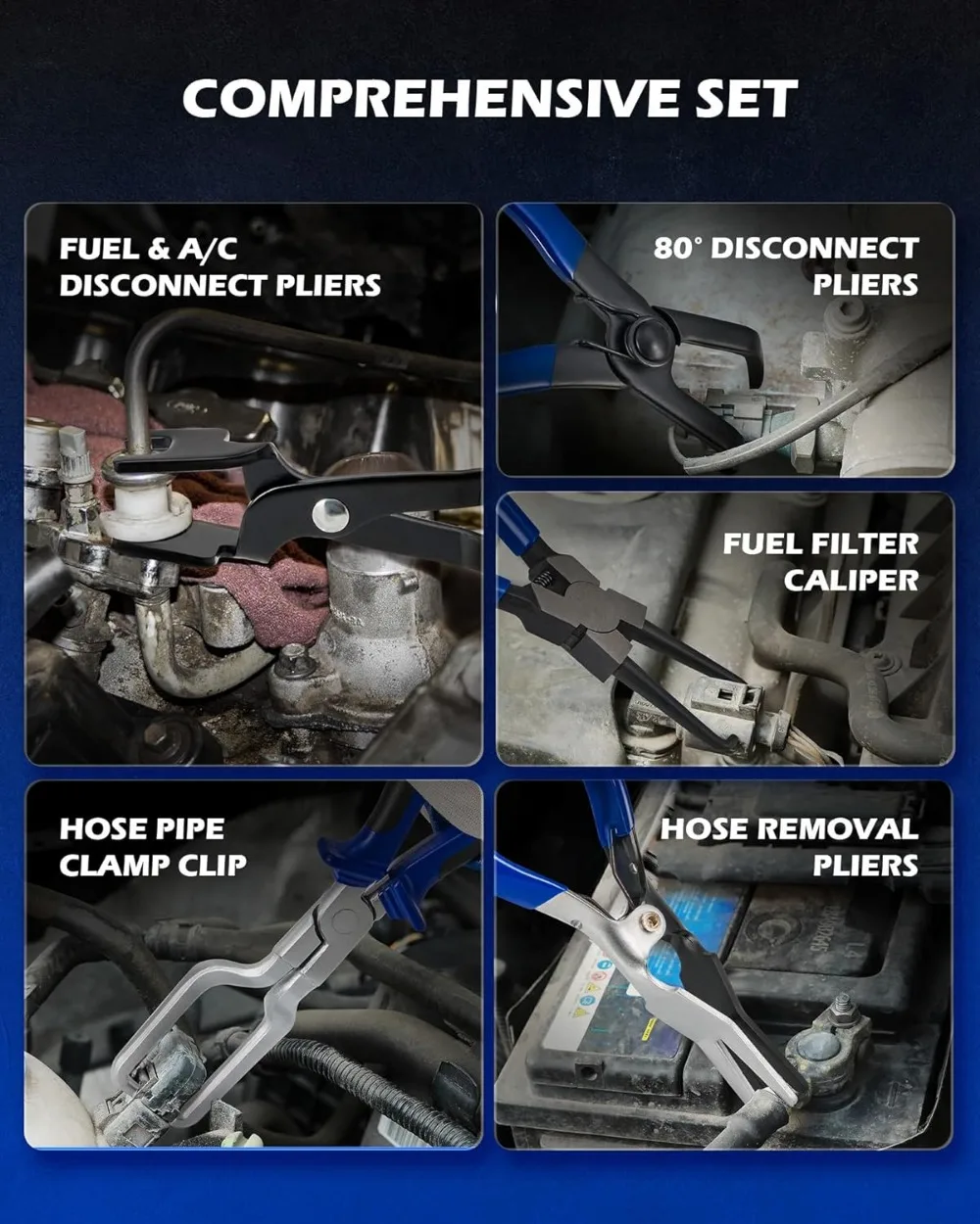 5-Piece Fuel Line Pliers Set with Hose Clamp and Filter Caliper for Auto AC and Pipe Repairs