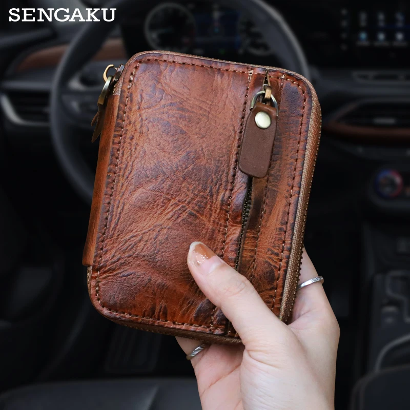 

Retro Cowhide Key Wallet Handmade Genuine Leather Car Key Chain Portable Housekeeper Keys Holder Card Slot Money Clip Purse