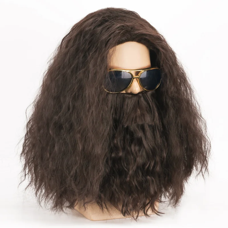 Hagrid Movie Cosplay Brown Long Curly Hair Beard Accessories Halloween Wig