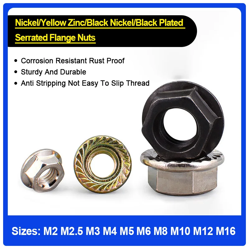 Nickel Plated Serrated Hex Flange Nut Anti Slip Locking Washer Integrated Flange Lock Nut M2 M2.5 M3 M4 M5 M6 M8 M10 M12 M16