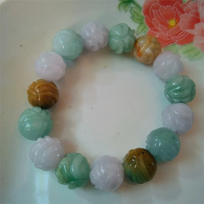 Factory Direct Sales Natural Myanmar Hand-Woven Jade round Tri-Color Lotus Beads Bracelet