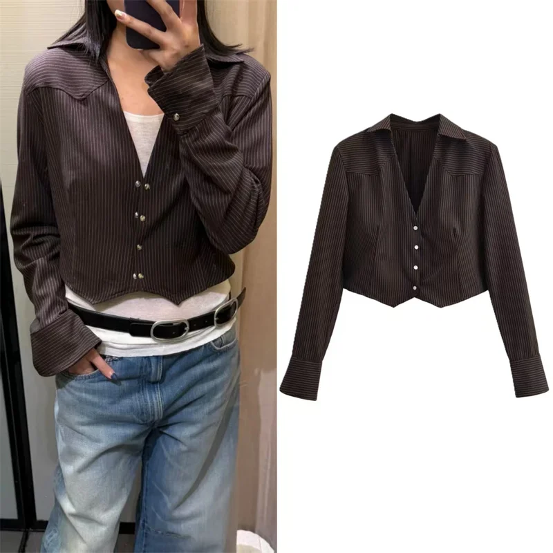 Women's Shirt 2025 Winter New Style Red-Brown Striped Long-Sleeve Short Shirt Jacket with Shoulder Pads Trendy and Fashionable