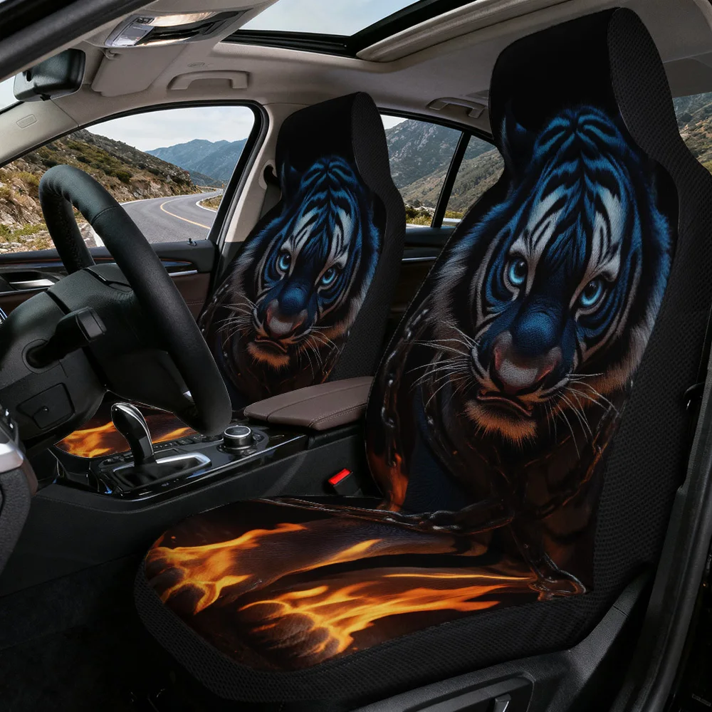 2D Flat Printing, 2pcs, Stylish Fiery Blue Tiger Design Front Seat Covers, Upgrades Car Interior With Front Seat Transformation,