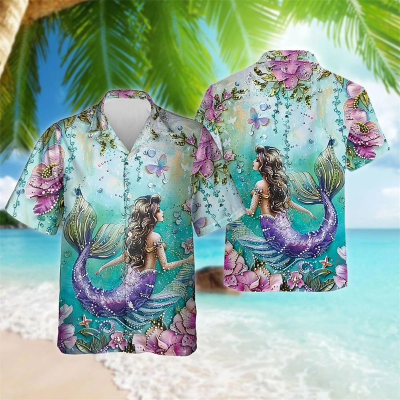 

3D Printed Kawaii Mermaidn Beach Shirts For Men Summer Hawaiian Aloha Shirt Casual Female Lapel Surfing Shirt Blouse