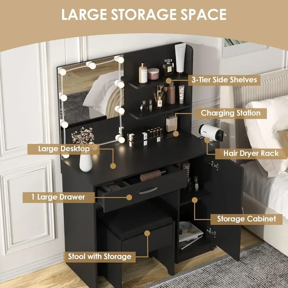 Drawer Table with Lighting Mirror & Power Strip Dressing Vanity Table with Lights 35in Makeup Vanity Desk