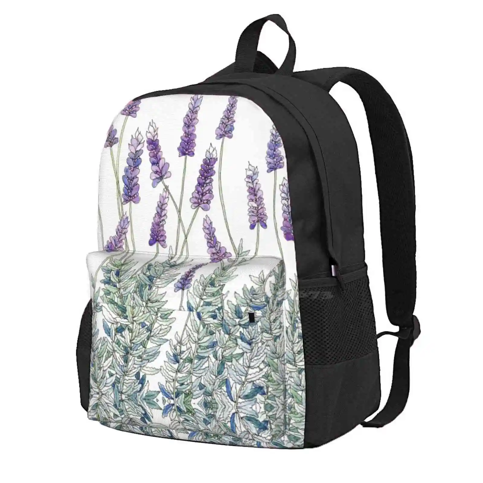 Lavender, Illustration Hot Sale Schoolbag Backpack Fashion Bags French Lavender Flowers Vintage Purple Lilac Nature Botanical