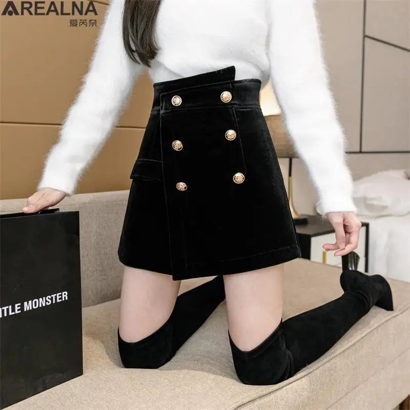 Spring High Waist Skirts Womens Sexy Vintage A-Line Golden velvet Skirt Korean fashion Buttons office Black loose Skirts S-5xl