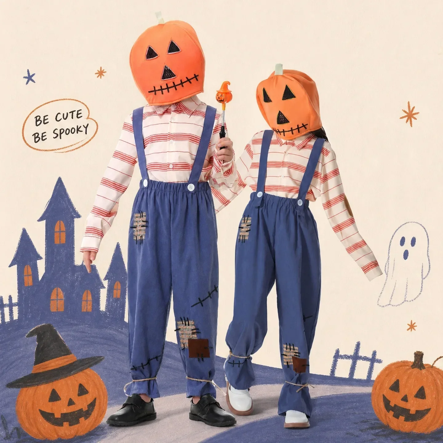 Kids Halloween Scarecrow Overalls Set Striped Shirt Pumpkin Bag Trick Or Treat Costume Carnival Party Dress Up Stage Outfit PS66