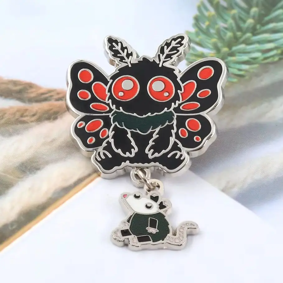 Funny Chibi Mothman Enamel Pins Creative Cute Cryptid with Dangle Opossum Brooches Quirky Red Eyes Monster Badge Lapel Pin Gift