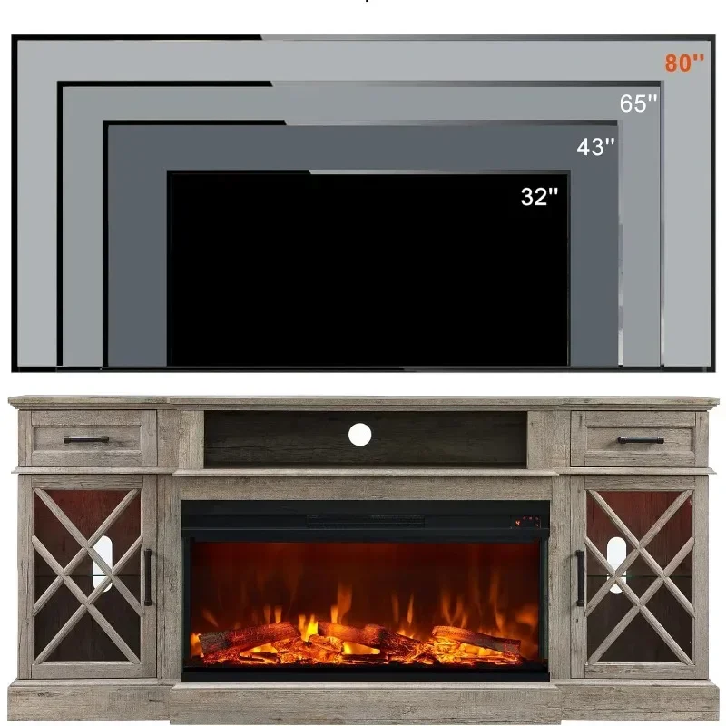 

3-сторонняя стеклянная подставка для камина в фермерском доме для телевизоров с диагональю до 80 дюймов, развлекательный центр Highboy со шкафом для хранения со стеклянной дверью
