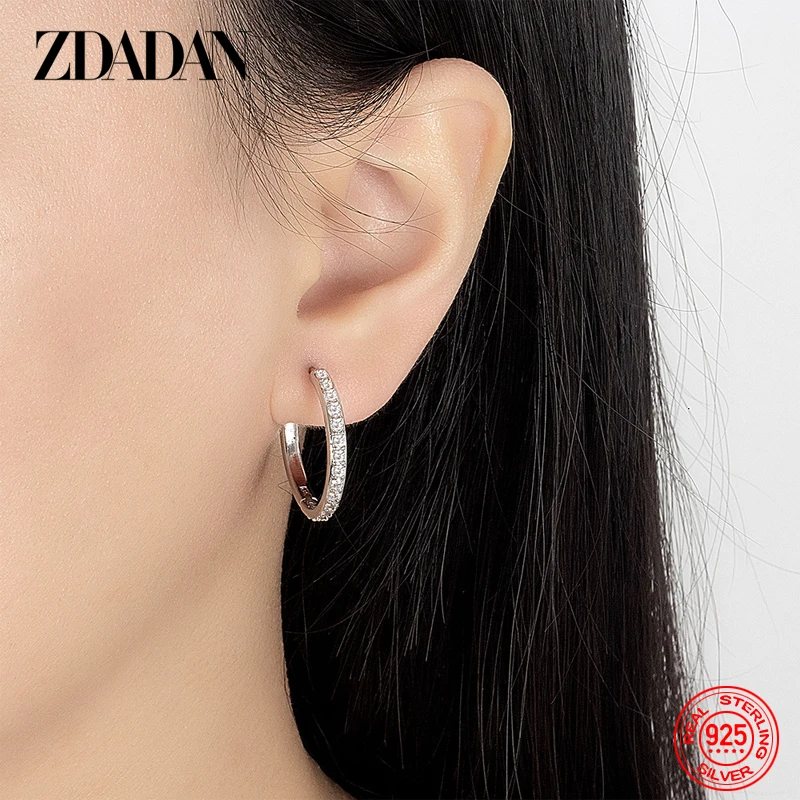 ZDADAN 925 Sterling Silver 8/12/16/20mm Zircon Hoop Earrings For Women Fashion Jewelry