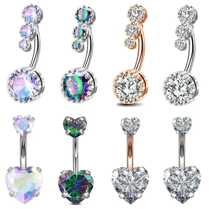 Zircon Heart Belly Button Rings for Women Nombril Ombligo Navel Ring Surgical Steel Barbell Crystal Round Body Piercing Jewelry