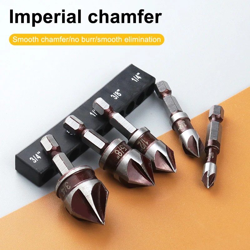 5개/세트 1/2" 1/4" 3/8" 3/4" 5/8" 카운터싱크 드릴 비트 육각 샹크 밀 커터 홀 커터 목재 금속 플라스틱 모따기 도구