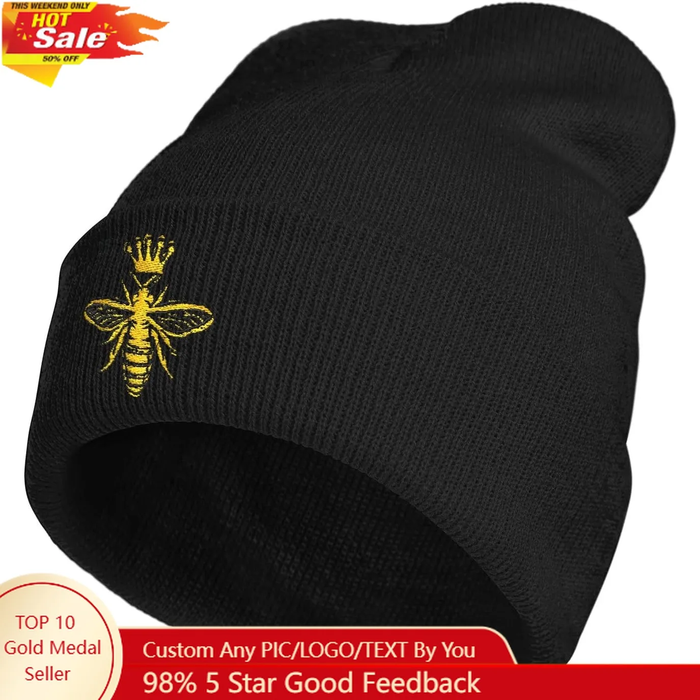 

Queen Bee Honey Embroidery Beanie Hat for Men Women Winter Warm Stretch Skull Knit Hats Cap Black
