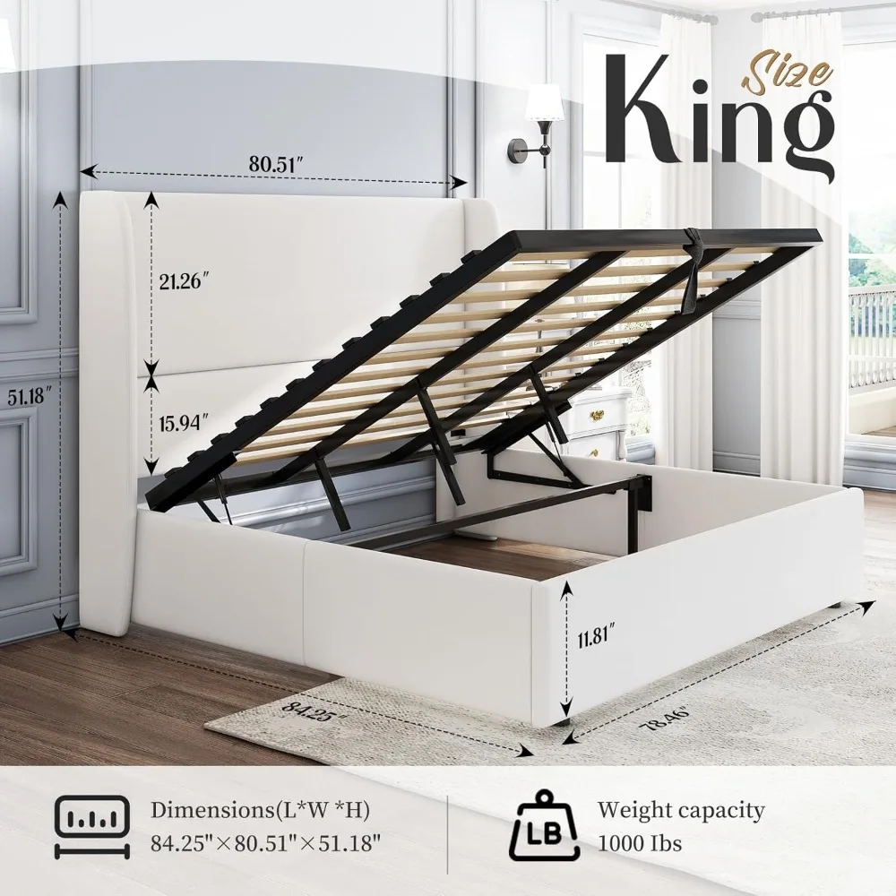 King Size Lift Up Storage Bed Upholstered Platform Bed Frame with Hydraulic Storage/Modern Wingback Headboard