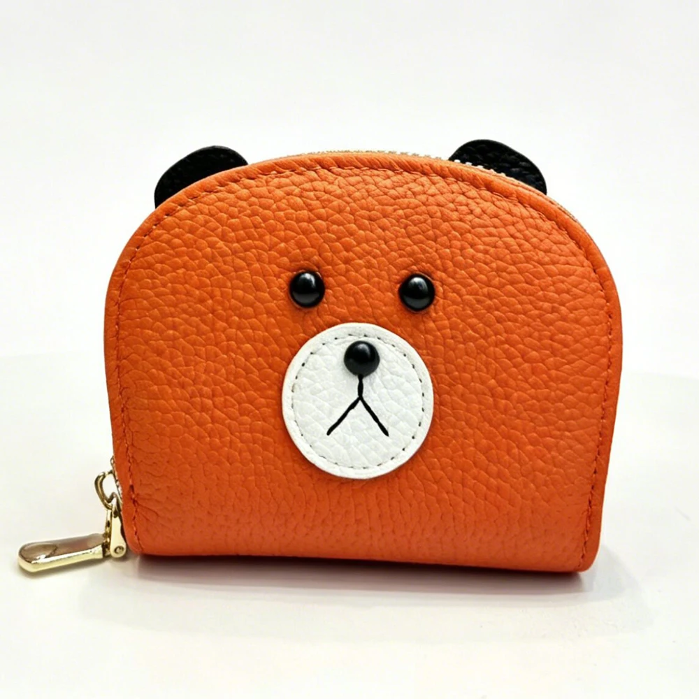 Women's Cute Bear Genuine Leather Card Holder Cartoon Mini Zipper Card Wallet Female Portable Multi-card Organizer Coin Purse