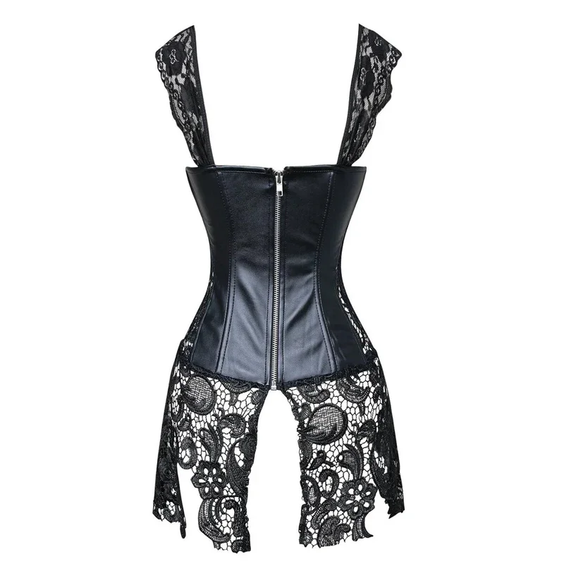 S-6XL Plus ขนาดเซ็กซี่ชุดชั้นในผู้หญิงสีดําหนัง Faux Lace Burlesque Steampunk รัดตัวชุด Gothic Bustier Corpet