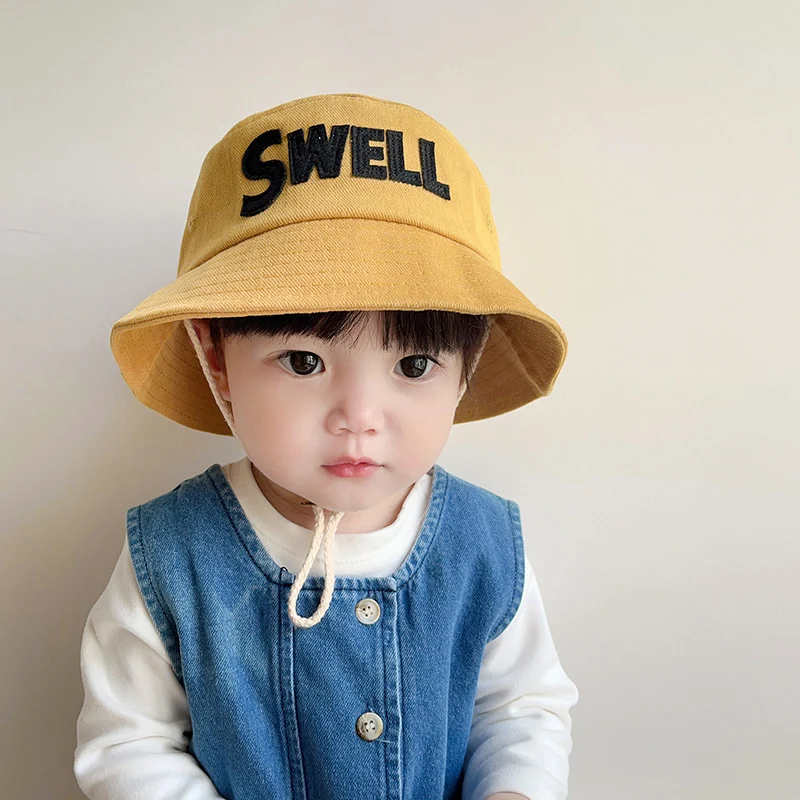 

Fashion Letter Children Bucket Hat Solid Color Flat Top Fisherman Hats Cotton Casual Baby Sunshade Basin Cap 1-6Year Kids Visors