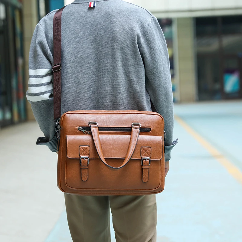 Sac à Main Vintage en Cuir PU pour Homme, Étui à Bombes de Grande Capacité, Fourre-Tout d'Affaires, Portefeuille Messager, pour Ordinateur 14