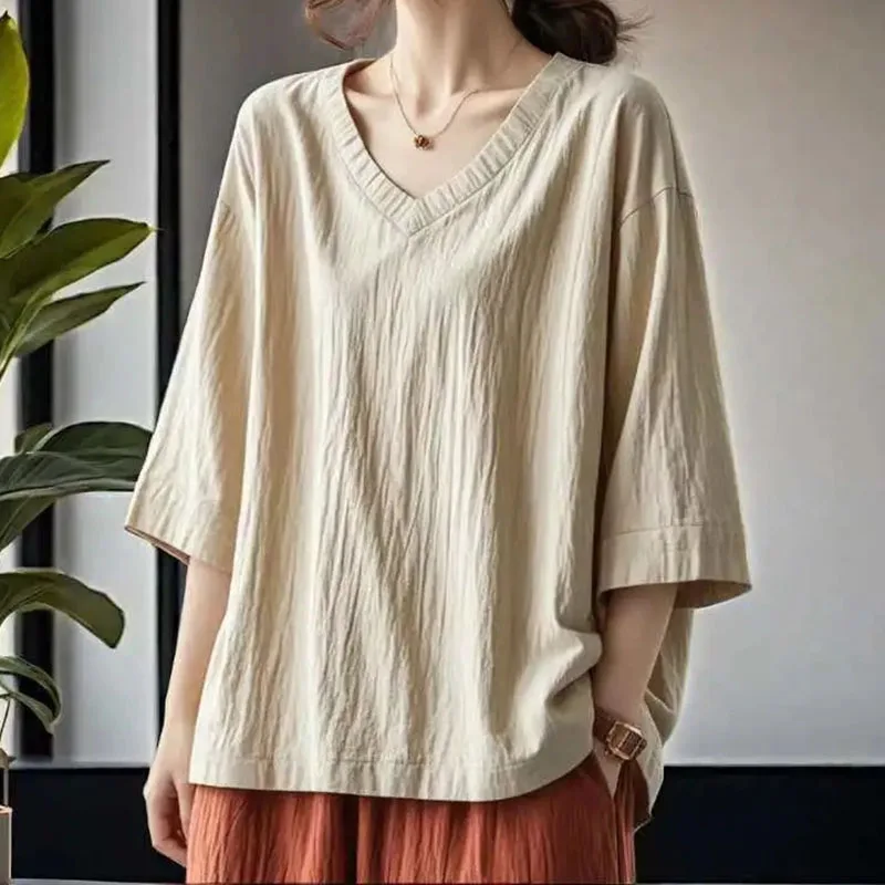 Spring Female V-neck Cotton Linen Tops Korean Women Seven Divide Sleeves T-shirt 2025 Ladies Fashion Large Size 4XL Loose Tees
