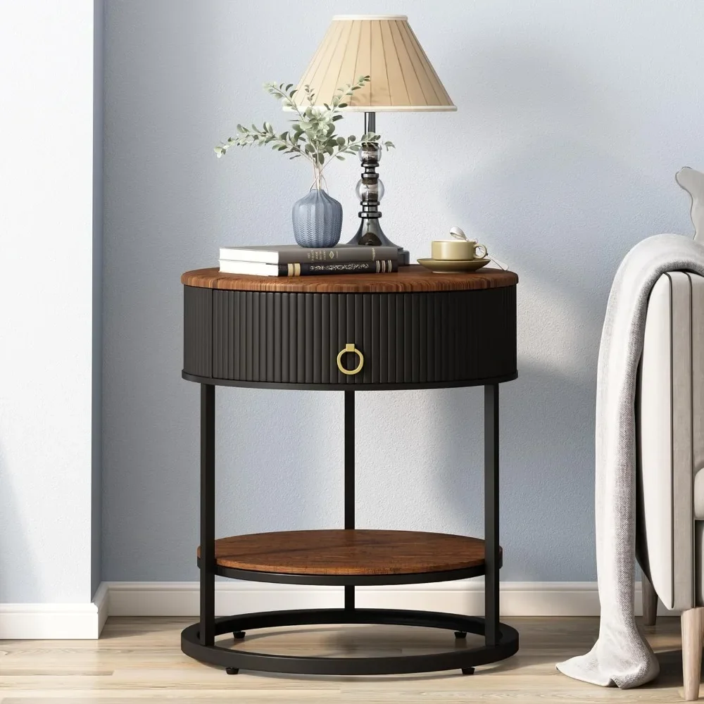 Round End Table with Drawer, Modern Wood Grain Side Table with Shelf, 2-Tier Nightstand with Drawer for Living Room, Bedroom