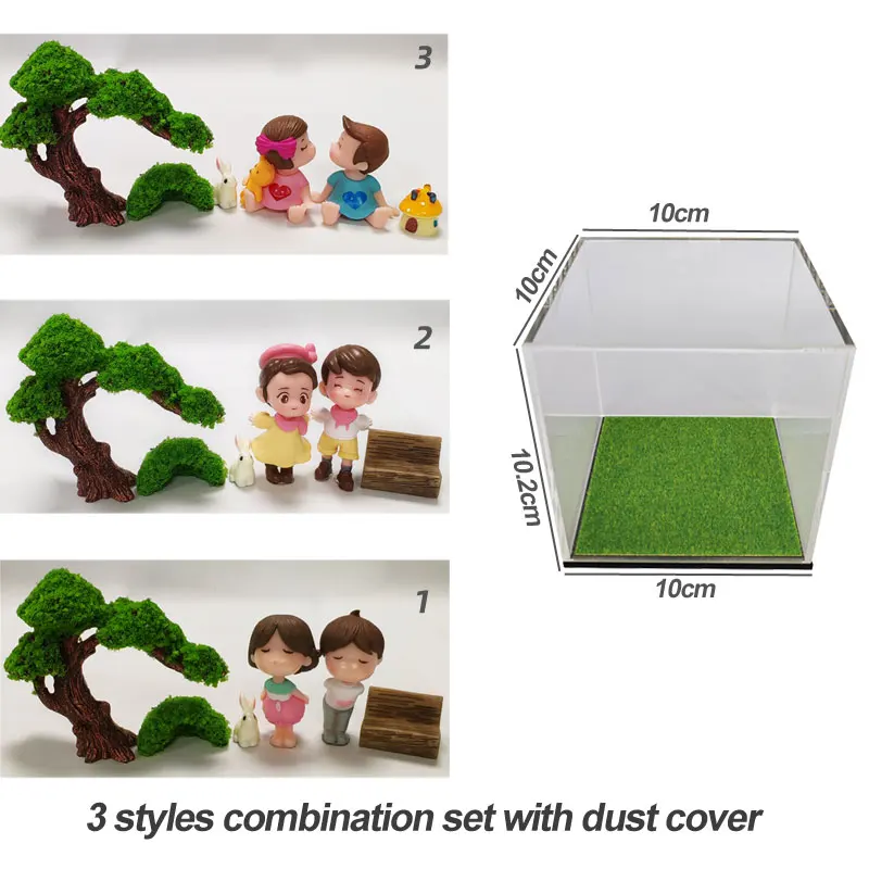 1 set of Miniature Garden Models Kissing Couple Ornaments Plants with Fake Lawn Decoration Base Display Box Kit Handicrafts