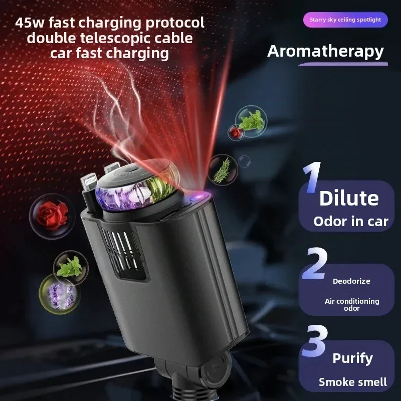 45W Retractable Car Charger with Starry Light Aromatherapy Diffuser Built-in USB-C Lightning Cables Fast Charging Adapter